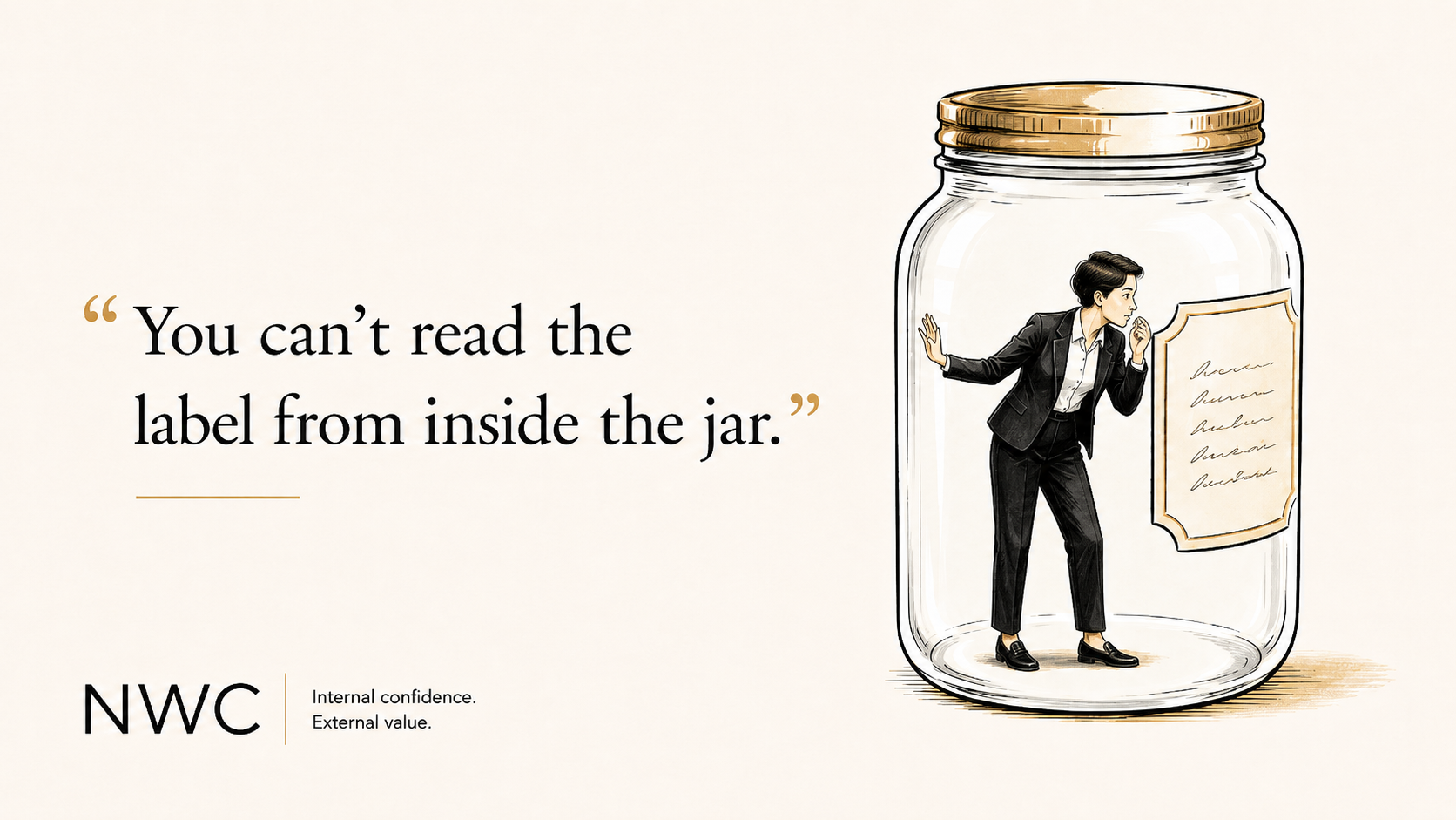 Corporate executive inside a jar peering at label