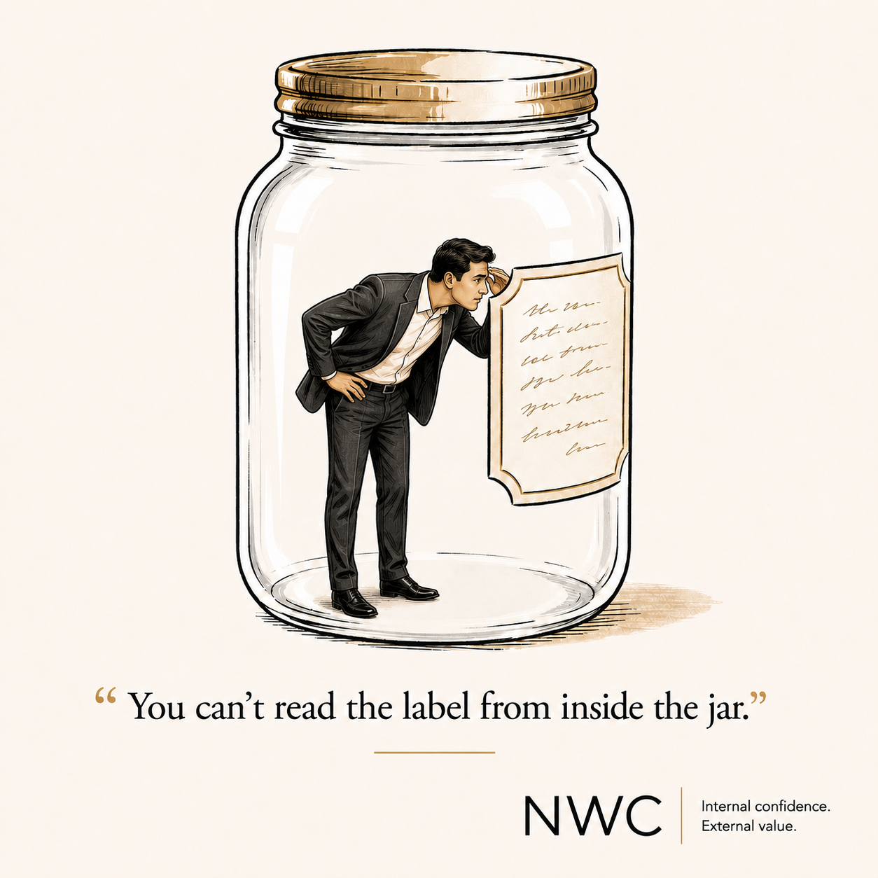 Corporate executive inside a jar peering at label